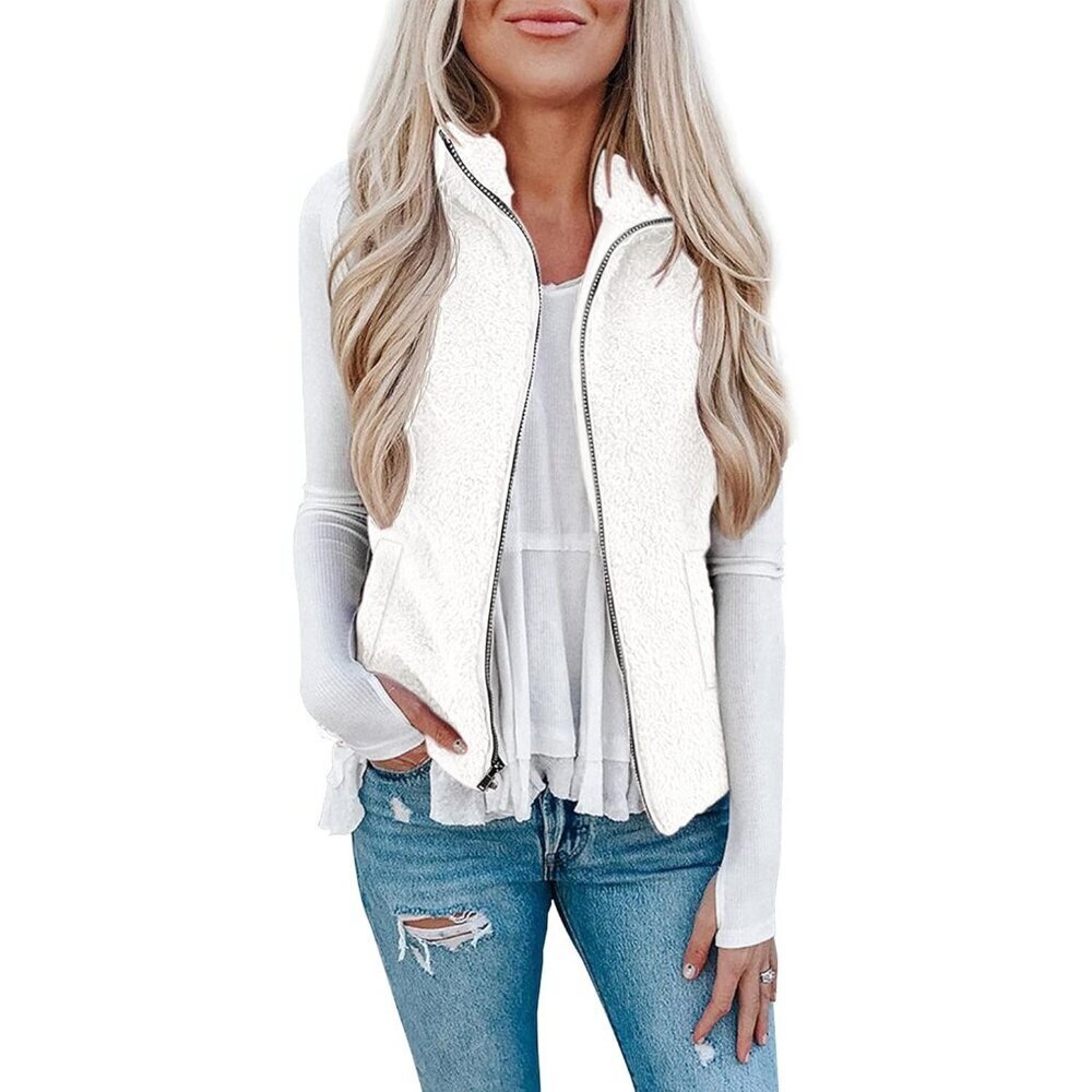 Women's White Sherpa Fleece Jacket Lightweight Vest Cozy Sleeveless Cardigan